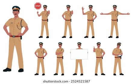 Policial Indiano Uniforme, Policial Masculino Cartoon Vetor Ilustração Poses. Uniforme bege, De pé, Segurando placa, Sinal de parada, Bilhete, Isolado