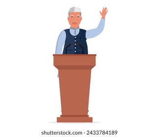 Indian politician candidate delivering voting speech during election period vector character in cartoon style.