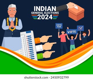 Indian politician candidate request for voting Indian General Election and people showing voting finger with evm machine Indian flag