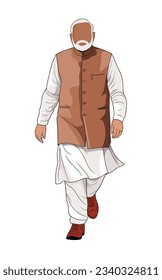 Indian politician. Politician full length vector illustration traditional attire. 