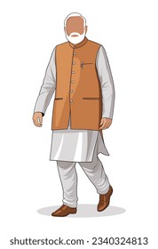 Indian politician. Politician full length vector illustration traditional attire. 