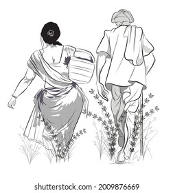 Indian Poor farmer with his wife going to their field, A man and woman walking to the village, Vector illustration of healthy and beautiful lady