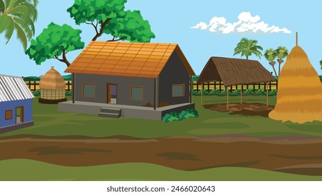 Indian Poor farmer house with cowshed straw pile barn. Indian village roadside home background 