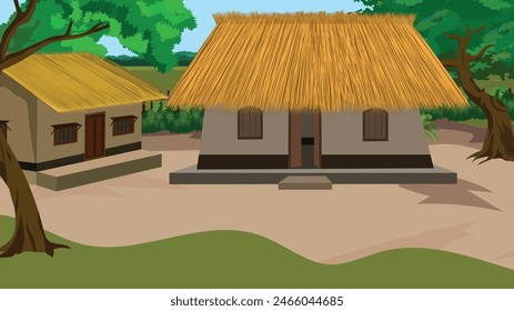 Indian poor farmer house . Village hut yard. Asian rural cottage home background for cartoon