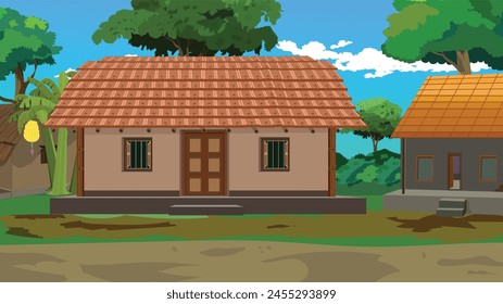 Indian poor mud house rural landscape, Farmer house, Village landscape, tin shade home, straw hut, Indian village house, banana tree, dirt road, village roadside landscape, mud house, Indian hut