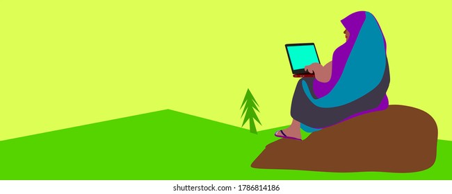 An indian poor village farmer lady cartoon illustration working on computer isolated nature green colorful background.