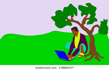 An indian poor village man farmer cartoon illustration working on computer natural forest colorful background.