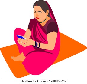 An indian poor village matured woman farmer cartoon illustration working on smart phone isolated wearing pink traditional sari.