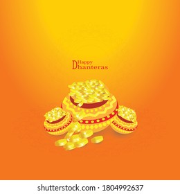  Indian pots with coins Vector illustration. Shubh Dhanteras holiday composition for Diwali festival celebration.