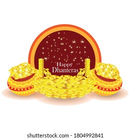  Indian pots with coins Vector illustration. Shubh Dhanteras holiday composition for Diwali festival celebration.