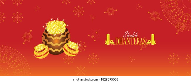  Indian pots with coins Vector illustration. Shubh Dhanteras holiday composition for Diwali festival celebration.