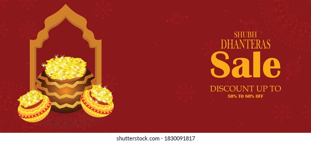 Indische Töpfe mit Münzen Vektorgrafik. Shubh Dhanteras Ferienkomposition für Diwali Festivalfeier.