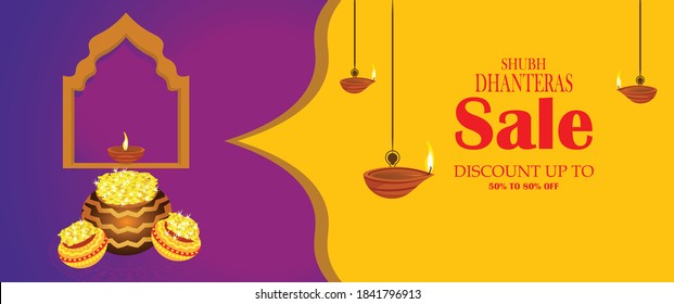  Indian pots with coins Vector illustration. Shubh Dhanteras holiday composition for Diwali festival celebration.