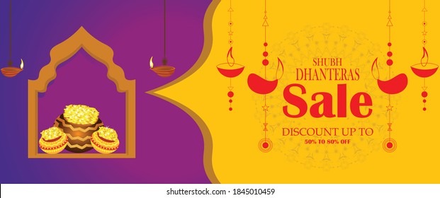 Indische Töpfe mit Münzen Vektorgrafik. Shubh Dhanteras Ferienkomposition für Diwali Festivalfeier.