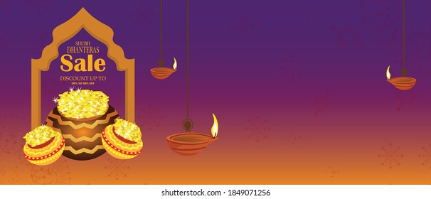 Indian pots with coins Vector illustration. Shubh Dhanteras holiday composition for Diwali festival celebration.