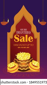 Indian pots with coins Vector illustration. Shubh Dhanteras holiday composition for Diwali festival celebration.