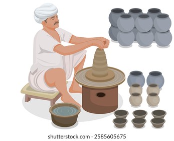 Indian potter making a clay pot on the pottery wheel