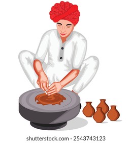 Indian Potter Making Pots By His Hands Vector Illustration (Royalty Free)