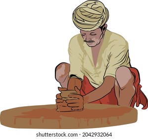 Indian potter vector illustration, A man making utensils with mud, A young man sitting in front of big wheel