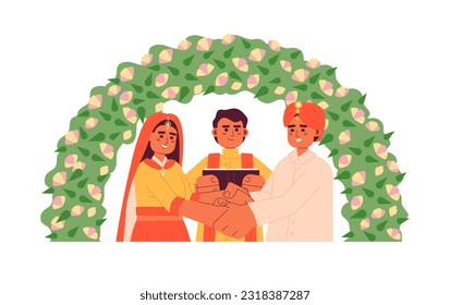 Indian prayer officiating bride groom hindu wedding semi flat colorful vector characters. Ceremonial event. Editable half body people on white. Simple cartoon spot illustration for web graphic design