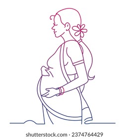 Mujer embarazada india, futura madre, parada en la naturaleza y abrazando el vientre con los brazos. Ilustración de arte de línea de vector.