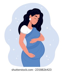 Indian pregnant woman hugging her belly with her hands. Motherhood. Vector illustration in cute cartoon .