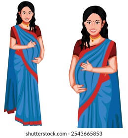 Mujer Embarazada India En La Ilustración vectorial Tradicional Del Personaje De Dibujos Animados Saree