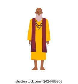 Indian priest, Monk. Old bald bearded man with bindi red dot on forehead in traditional Indian costume. Hinduism religion. Vector cartoon Hindu character illustration isolated on white