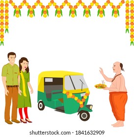 Indian priest performing prayer for the new vehicle and blessing the couple.