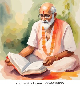 Indian Priest performing ritual reciting mantras watercolour vector illustration  