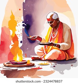 Indian Priest performing ritual reciting mantras watercolour vector illustration  