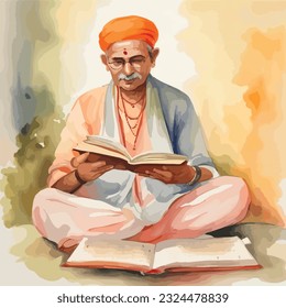 Indian Priest performing ritual reciting mantras watercolour vector illustration  