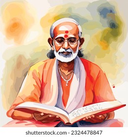 Indian Priest performing ritual reciting mantras watercolour vector illustration  