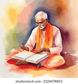 Indian Priest performing ritual reciting mantras watercolour vector illustration  