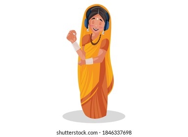 Indian priestess is happy and listening to music with headphones. Vector graphic illustration. Individually on white background.
