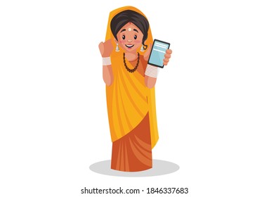 Indian priestess is showing a mobile phone. Vector graphic illustration. Individually on white background.