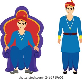 Indian prince character model sheet for 2d cartoon. King 2d cartoon character set design. Indian king character standing pose and sitting on throne