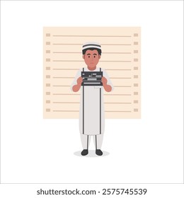 Indian prisoner holding a police department banner. Mugshot. Photo of the criminal's arrest. vector illustration