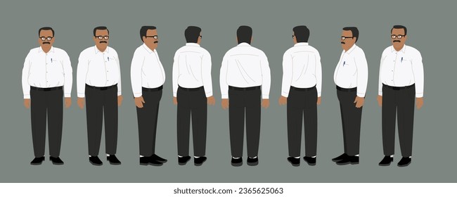 Indian professor Wearing white shirt and pant, Character Front, side, back view and explainer and story animation poses