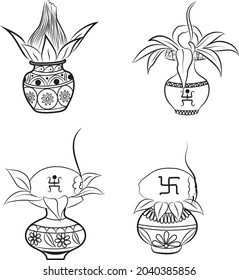 Indian puja pots in line art | coconut on pot with mango leaves