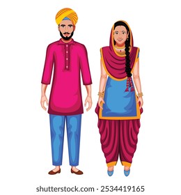 Indian Punjabi Couple In Traditional Costume Cartoon Character Vector Illustration