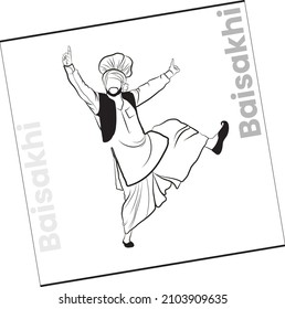 Indian Punjabi Famous Dance, Vector Illustration Of A Man, Line Drawing Of Dancing Farmer