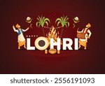 Indian Punjabi festival of lohri celebration fire background with decorated drum and bonfire with festival elements. vector illustration design.