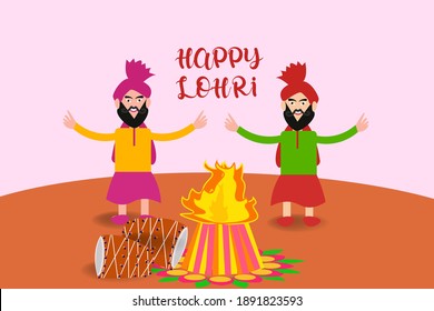 Indian punjabi festival of lohri celebration fire background with punjabi cartoon style village men dancing   decorated drum and sugar cane vector.