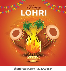 Indian Punjabi festival of lohri celebration fire background with decorated drum and sugar cane. vector illustration design.