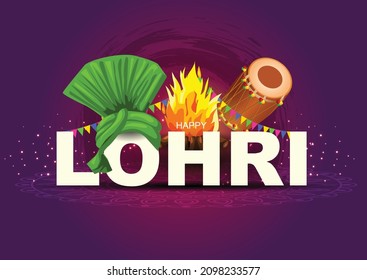 Indian Punjabi festival of lohri celebration fire background with decorated drum and bonfire. vector illustration design.