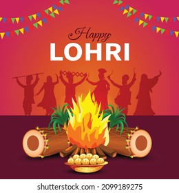 Indian Punjabi festival of lohri celebration fire background with decorated drum and sugar cane. vector illustration design.