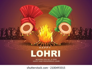 Indian Punjabi festival of lohri celebration fire background with decorated drum and hat. vector illustration design.