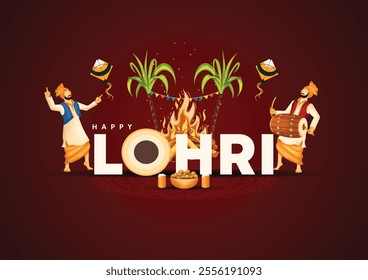 Indian Punjabi festival of lohri celebration fire background with decorated drum and bonfire with festival elements. vector illustration design.