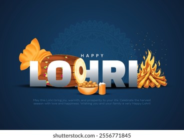 Indian Punjabi festival of lohri celebration fire background with decorated drum and bonfire with festival elements. vector illustration design.